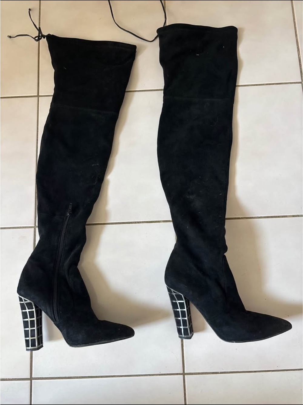 Brian Atwood Black Over-the-Knee Suede Boots with Tiled Block Heel